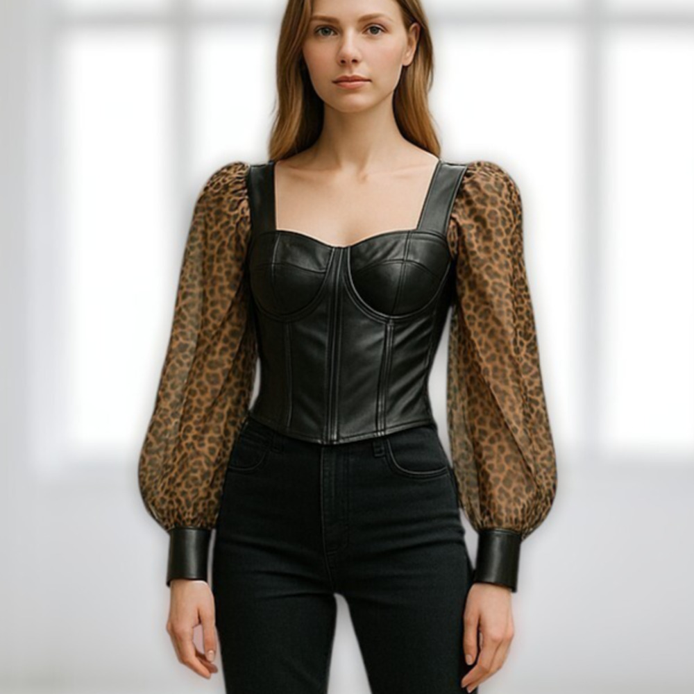 Andrew Marc Womens Cheetah Corset Top Sheer Sleeve Faux Leather Sz XS Y2K Nightc